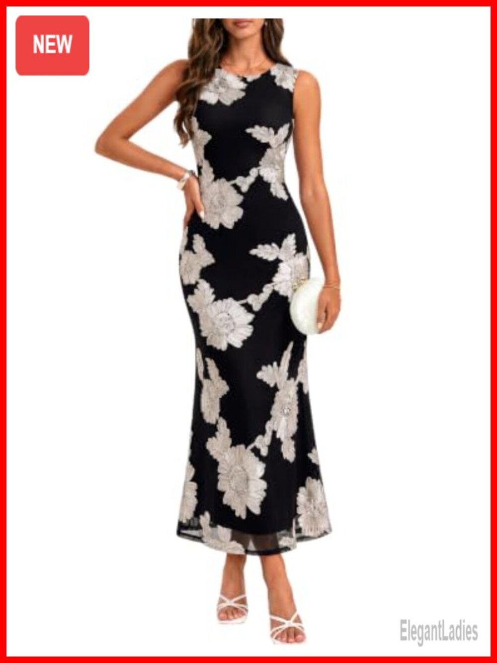 Women's Floral Mesh Bodycon Midi Dress Sleeveless Mermaid Hem Wedding Guest